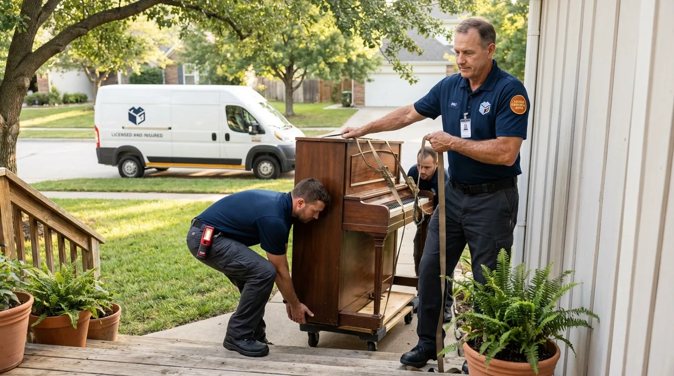 Licensed piano movers securing grand piano in Kendallville, IN