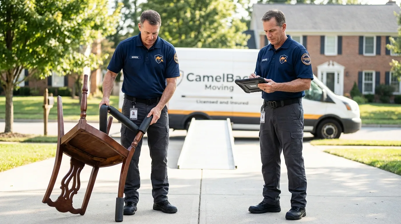 Movers inspecting furniture for damage prevention before loading in Kendallville, IN