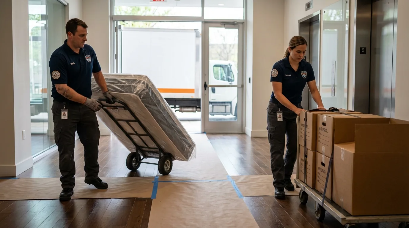 Professional apartment movers loading elevator in Kendallville, IN
